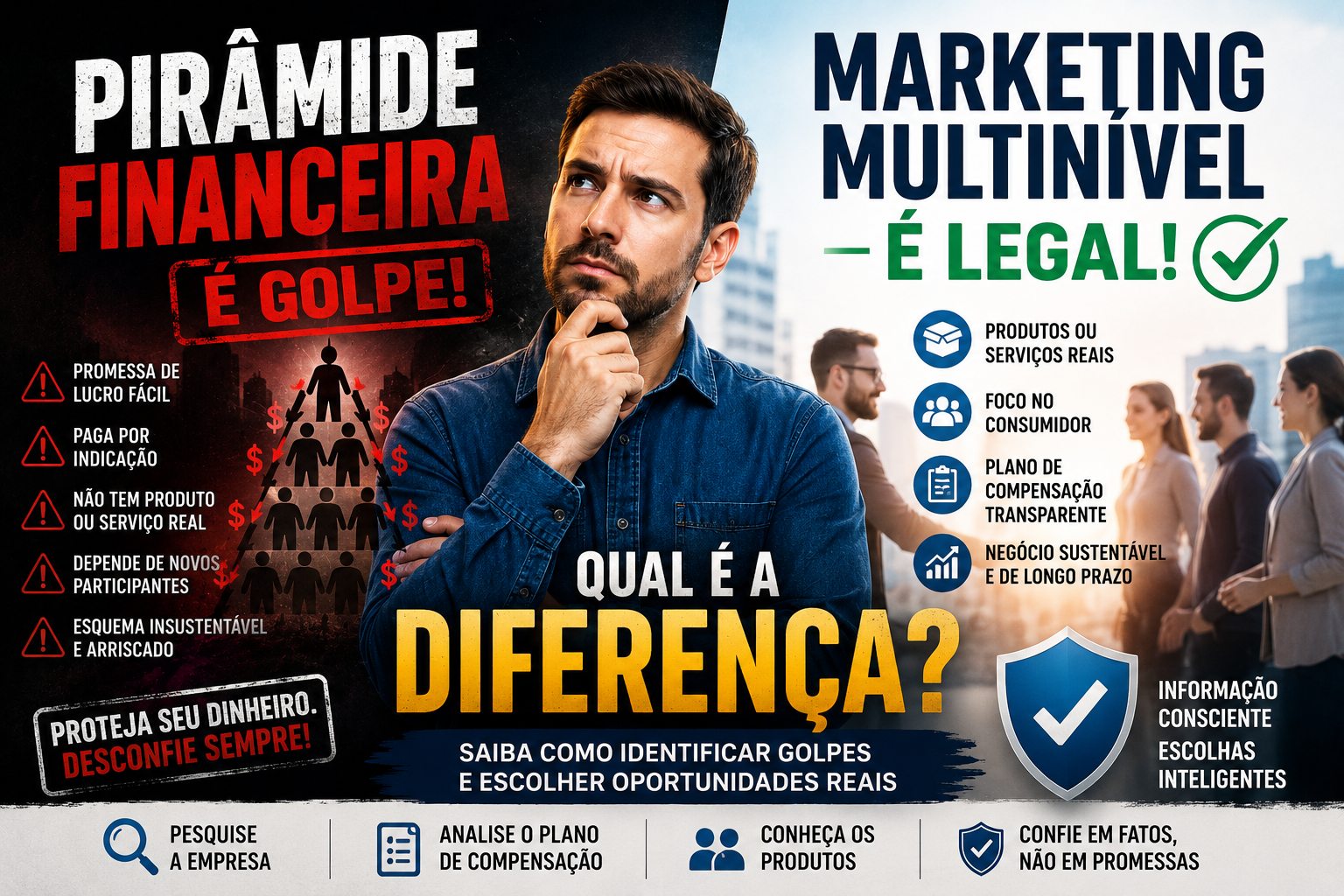 Diferença entre pirâmide financeira e marketing multinível legítimo.